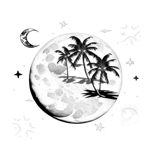 black and white moon stars sea beach palmtrees night tattoo design idea