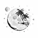 black and white moon stars sea beach palmtrees night tattoo design idea