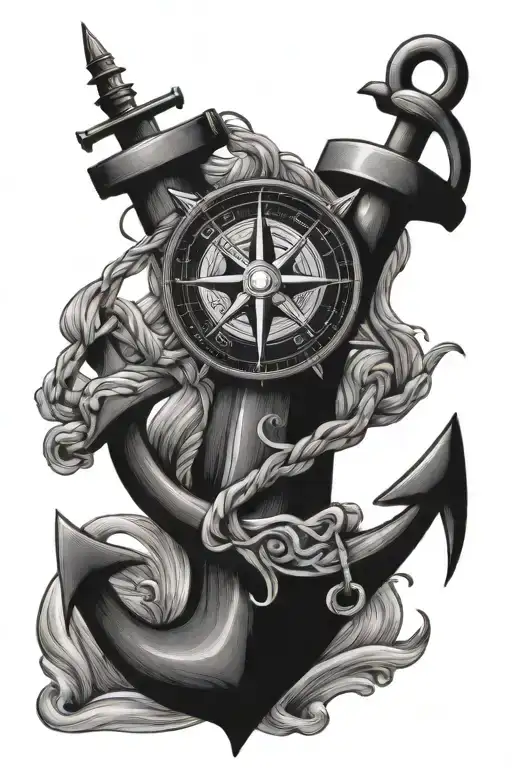 anchor, compass, boat surroanded by waves with the text skipsridderen in the middle tattoo design idea