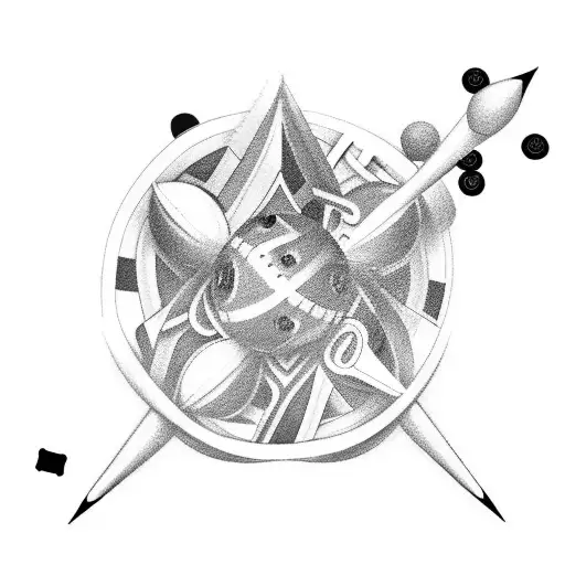 An abstract tattoo design showcasing a combination of pool cues, dice, darts, playing cards, and football motifs in a unique composition tattoo design idea