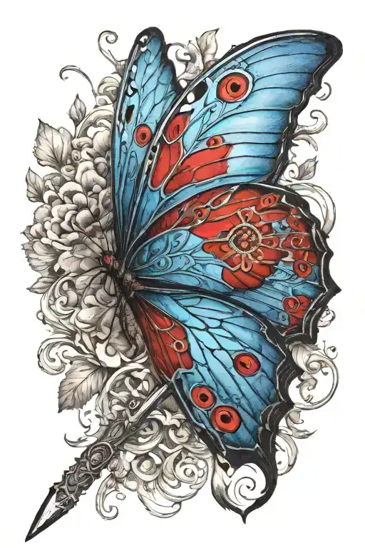Morpho red butterfly wings, ornate spanish rapier hilt sword, iridescent tattoo design idea
