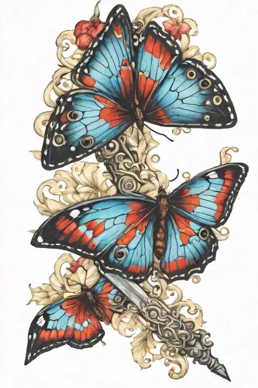 Morpho red butterfly wings, ornate spanish rapier hilt sword, iridescent tattoo design idea