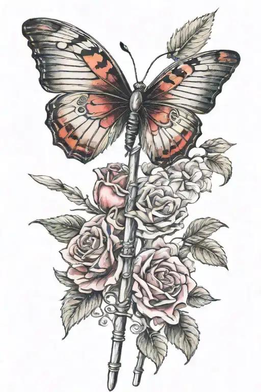 A single red butterfly on a rapier hilt sword tattoo design idea