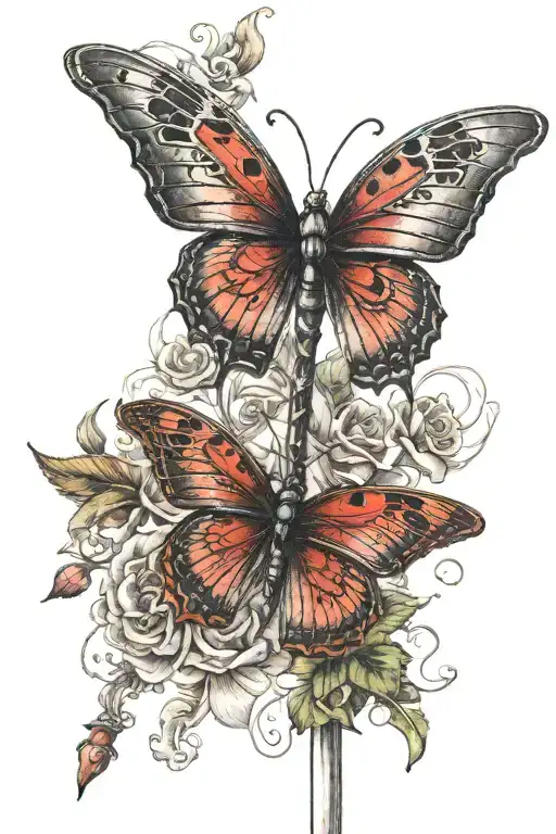 A single red butterfly on a rapier hilt sword tattoo design idea