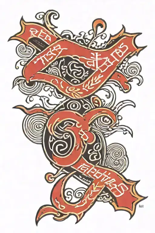 red kiss mark, "ricardo" in japanese letters vertical on top of the red kiss mark tattoo design idea