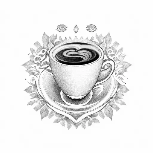 An intricate blackwork tattoo of a coffee cup surrounded by lush greenery, with subtle elements inspired by Haris Nukem's photography tattoo design idea