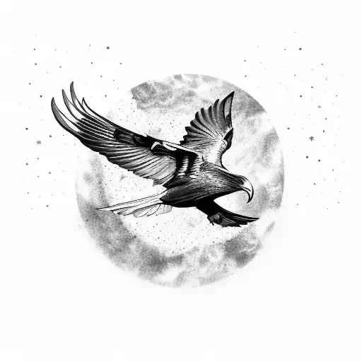 A mesmerizing black and grey tattoo of a majestic bird soaring through a starry night sky, with elements inspired by Haris Nukem's photography tattoo design idea