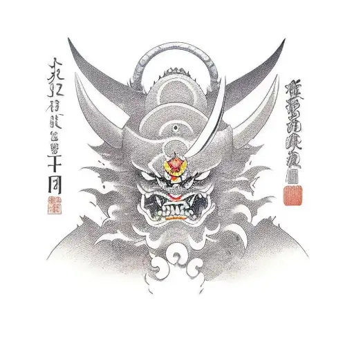 mascara ONI partida por la mitad por una katana  tattoo design idea