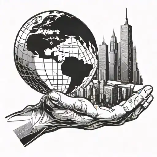 A futuristic city skyline with a giant hand holding a globe, symbolizing the desire to conquer the world tattoo design idea