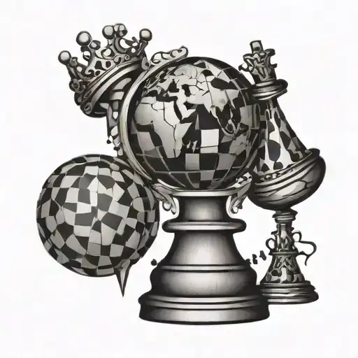 An abstract design of a globe being conquered by a chess piece representing business strategy tattoo design idea