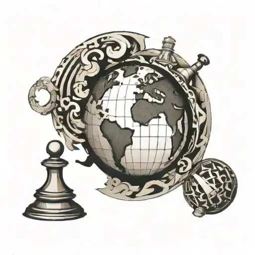 An abstract design of a globe being conquered by a chess piece representing business strategy tattoo design idea