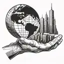 A futuristic city skyline with a giant hand holding a globe, symbolizing the desire to conquer the world tattoo design idea