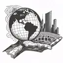 A futuristic city skyline with a giant hand holding a globe, symbolizing the desire to conquer the world tattoo design idea