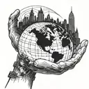 A futuristic city skyline with a giant hand holding a globe, symbolizing the desire to conquer the world tattoo design idea