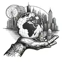 A futuristic city skyline with a giant hand holding a globe, symbolizing the desire to conquer the world tattoo design idea