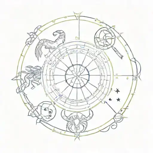 A tattoo design featuring eight zodiac signs arranged in a circular pattern, with Scorpio, Virgo, Libra, Aquarius, Leo, Cancer, and Capricorn included. Each sign should be evenly spaced around the circle. tattoo design idea