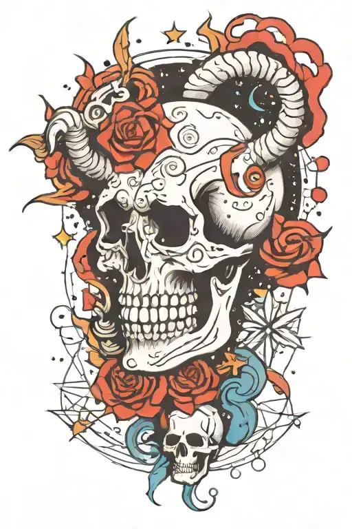 skull and capricorn and aquarius constellation merging together tattoo design idea