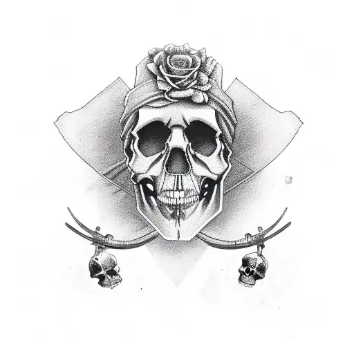 the guns n roses cross with a single skull in the center, with hair in a modern cut, earrings and sunglasses, in color tattoo design idea