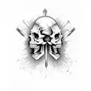 the guns n roses cross with a single skull in the center, with hair in a modern cut, earrings and sunglasses, in color tattoo design idea