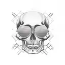 the guns n roses cross with a single skull in the center, with hair in a modern cut, earrings and sunglasses, in color tattoo design idea