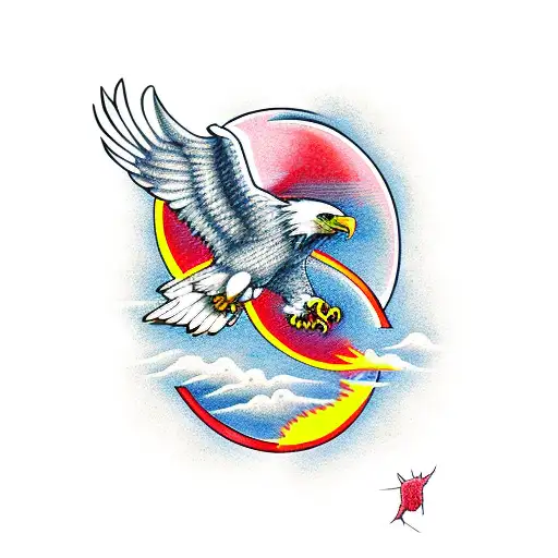 screaming eagle in attack mode.  Red sun behind it. Rose clasped in talons tattoo design idea