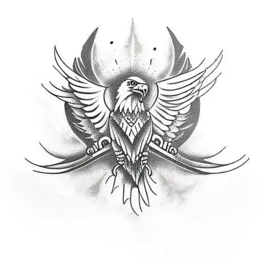 Eagle with wings up and talons out front in predator attack fashion. The eagle is clasping a rose by the stem . tattoo design idea