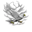 Eagle with wings up and talons out front in predator attack fashion. The eagle is clasping a rose by the stem . tattoo design idea
