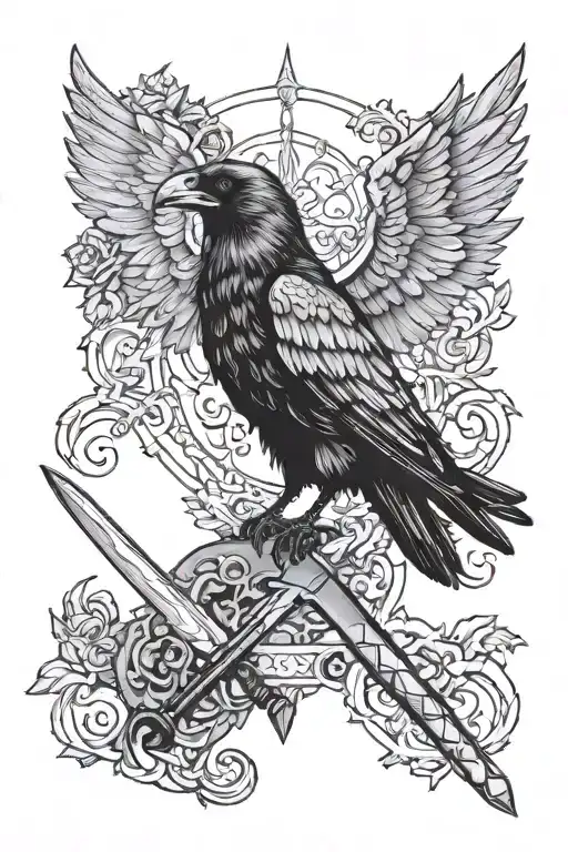 Crow, crown, angel, sword going tattoo design idea