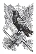 Crow, crown, angel, sword going tattoo design idea