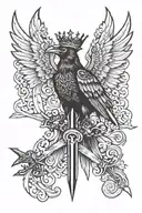 Crow, crown, angel, sword going tattoo design idea