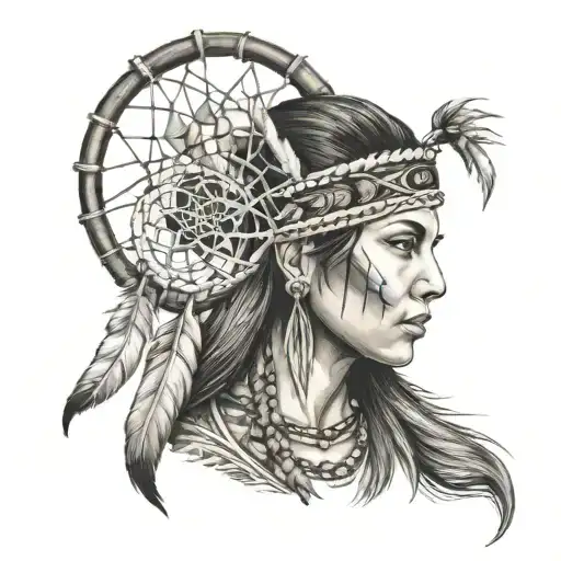 native American woman and dreamcatcher earing tattoo design idea