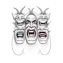 three devil faces. one laughing, one crying, one angry tattoo design idea