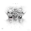 three devil faces. one laughing, one crying, one angry tattoo design idea