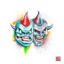 three devil faces. one laughing, one crying, one angry tattoo design idea