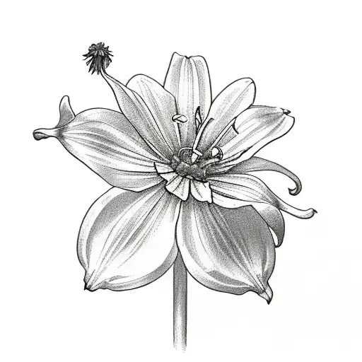 a single Marigold, a single Cosmo, a single aster, a single lily of the valley and single narcissus flower in a bouquet  tattoo design idea