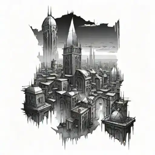 Create a sleeve tattoo featuring a futuristic cityscape inspired by Assassin's Creed with hidden assassins lurking in the shadows tattoo design idea