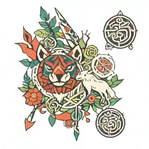 Got it! A traditional tattoo with elements from Princess Mononoke, including a forest theme, geometric elements, and pla tattoo design idea