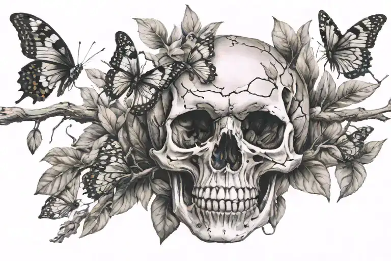 skull on branch with mini butterflies flying away tattoo design idea
