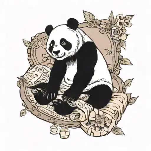 A panda lounging in a bed surrounded by cozy blankets and pillows tattoo design idea