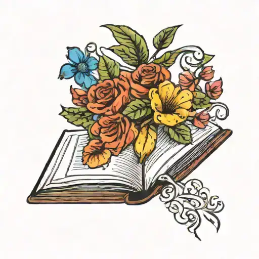 A teacher holding a book with a vine of colorful flowers growing out of it, symbolizing knowledge and growth tattoo design idea