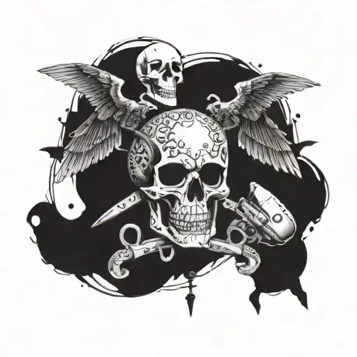 A gothic skull with aircraft wings sprouting from the sides, surrounded by tools of the trade tattoo design idea