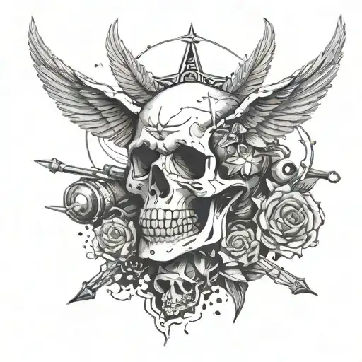 A gothic skull with aircraft wings sprouting from the sides, surrounded by tools of the trade tattoo design idea