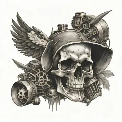 A gothic skull with aircraft wings sprouting from the sides, surrounded by tools of the trade tattoo design idea
