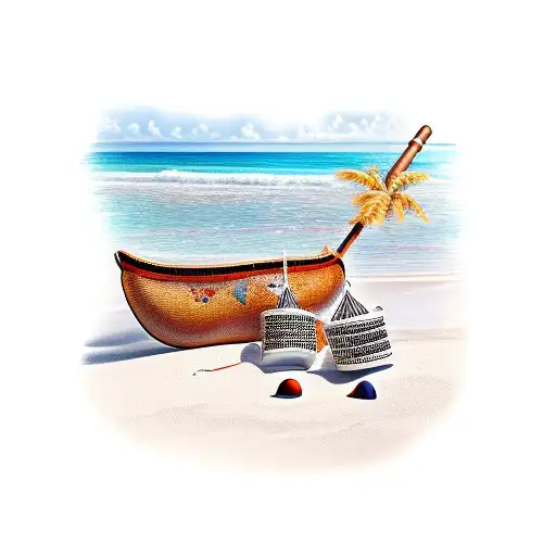 A Caribbean beach scene with a musical instrument in the foreground tattoo design idea