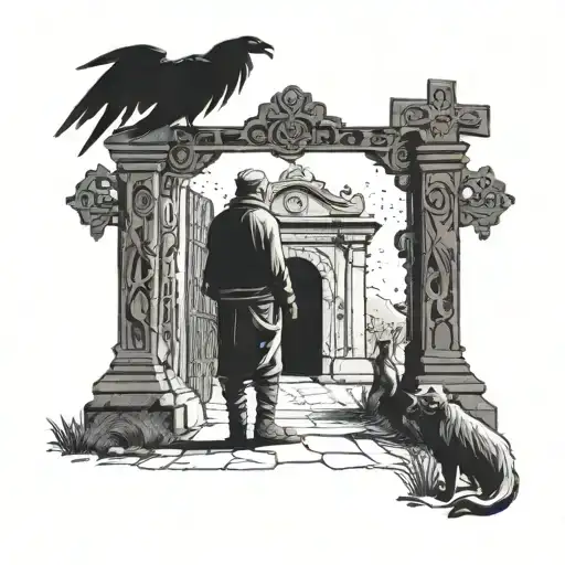  man wearing ancient clothes looking at the gate of a cemetery with demon ghosts representing human emotions, joy, sadne tattoo design idea