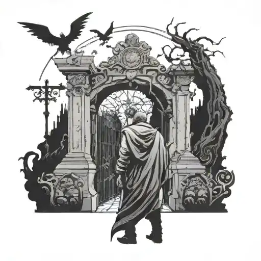  man wearing ancient clothes looking at the gate of a cemetery with demon ghosts representing human emotions, joy, sadne tattoo design idea
