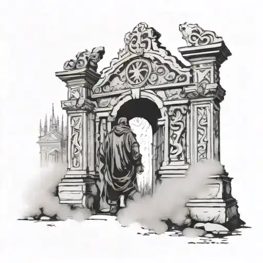  man wearing ancient clothes looking at the gate of a cemetery with demon ghosts representing human emotions, joy, sadne tattoo design idea