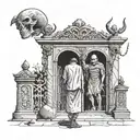  man wearing ancient clothes looking at the gate of a cemetery with demon ghosts representing human emotions, joy, sadne tattoo design idea