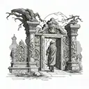  man wearing ancient clothes looking at the gate of a cemetery with demon ghosts representing human emotions, joy, sadne tattoo design idea