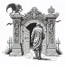  man wearing ancient clothes looking at the gate of a cemetery with demon ghosts representing human emotions, joy, sadne tattoo design idea